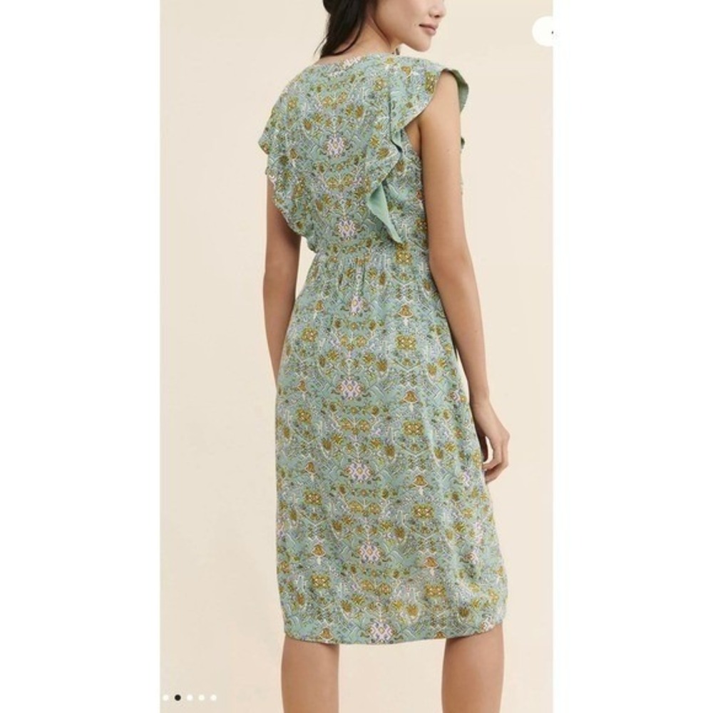 Anthropologie Women's Maeve Blossom Ruffled Mini Dress Sage Floral Draped Sz 12 - Picture 2 of 12